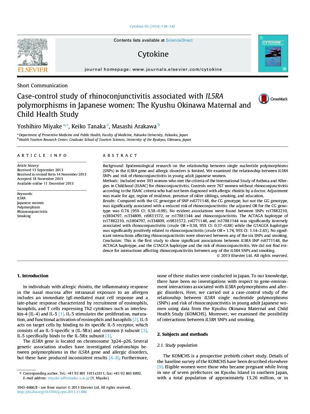 Case-control study of rhinoconjunctivitis associated with IL5RA polymorphisms in Japanese women: The Kyushu Okinawa Maternal and Child Health Study