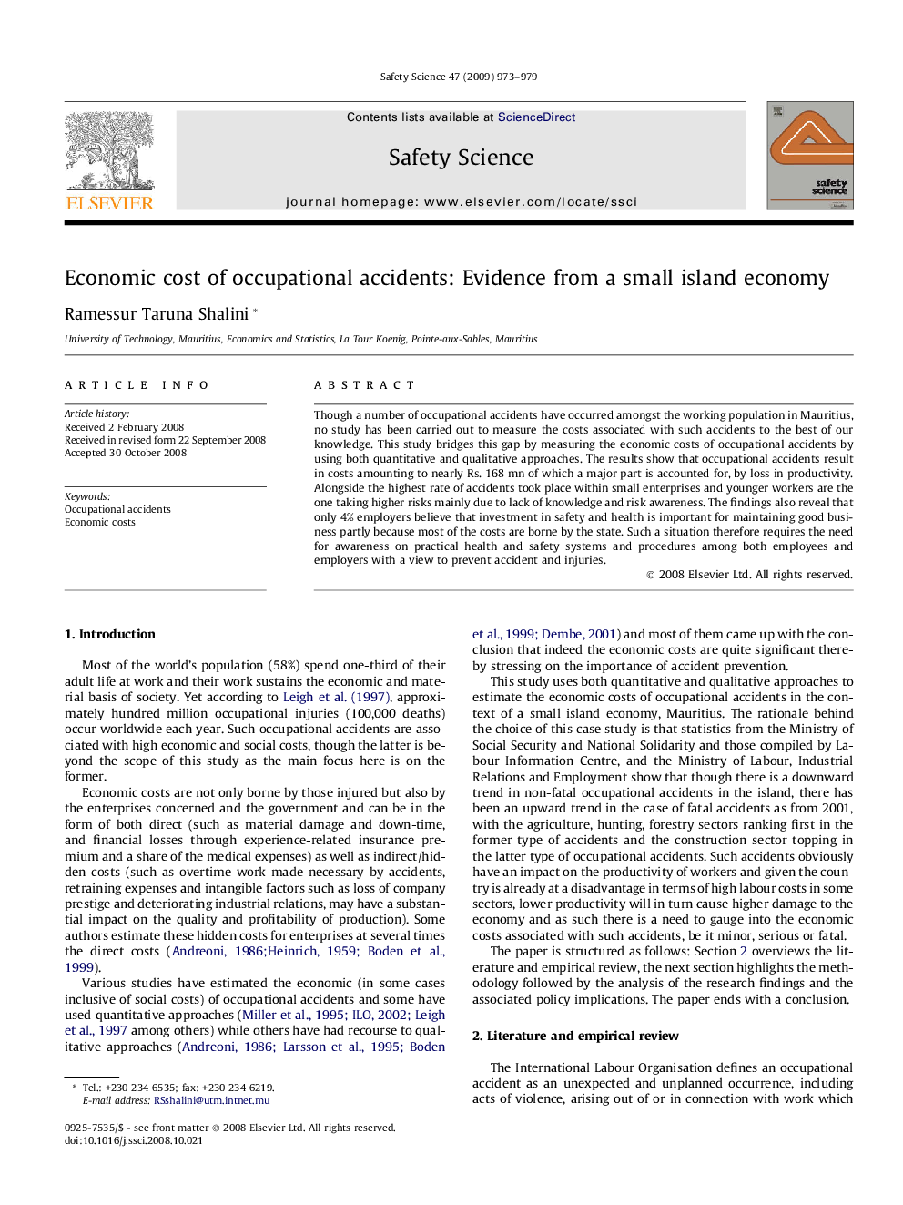 Economic cost of occupational accidents: Evidence from a small island economy