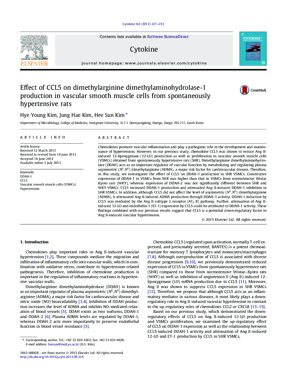 Effect of CCL5 on dimethylarginine dimethylaminohydrolase-1 production in vascular smooth muscle cells from spontaneously hypertensive rats