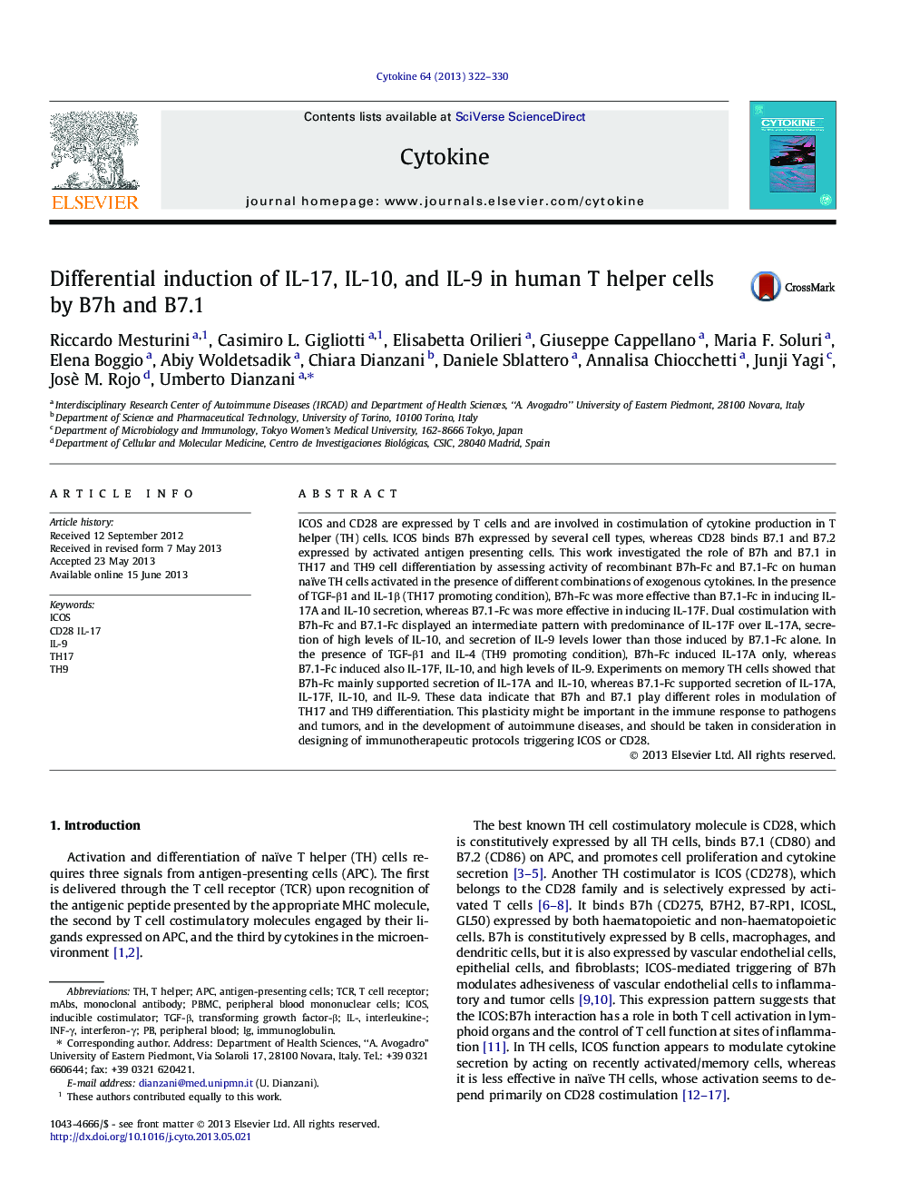 Differential induction of IL-17, IL-10, and IL-9 in human T helper cells by B7h and B7.1