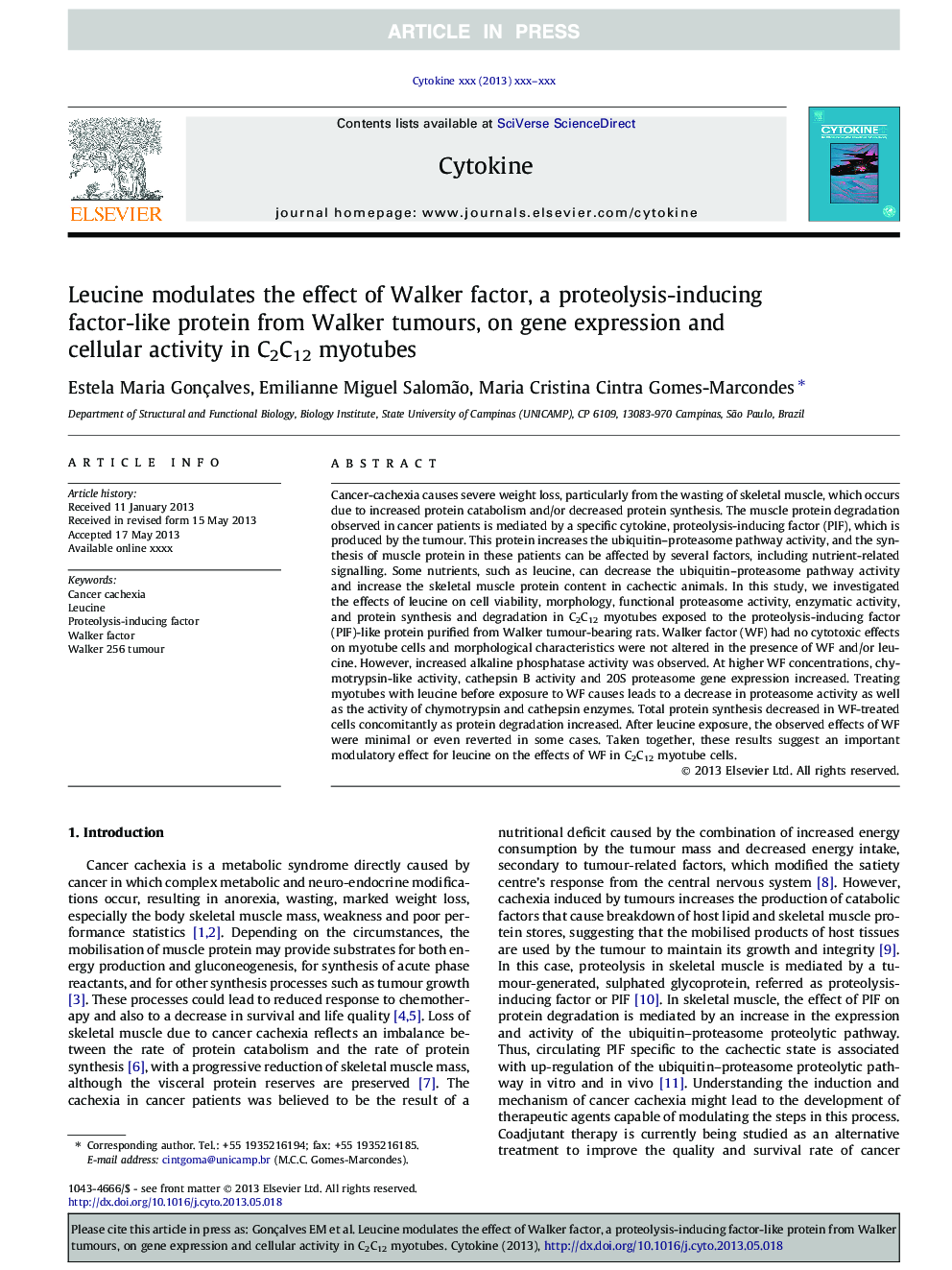 Leucine modulates the effect of Walker factor, a proteolysis-inducing factor-like protein from Walker tumours, on gene expression and cellular activity in C2C12 myotubes