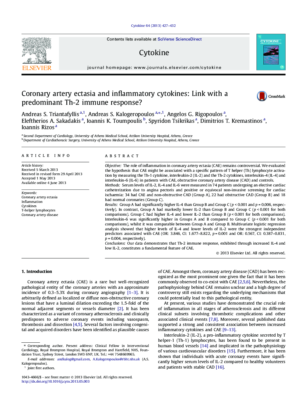 Coronary artery ectasia and inflammatory cytokines: Link with a predominant Th-2 immune response?