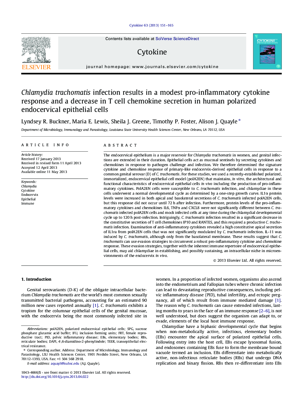 Chlamydia trachomatis infection results in a modest pro-inflammatory cytokine response and a decrease in T cell chemokine secretion in human polarized endocervical epithelial cells