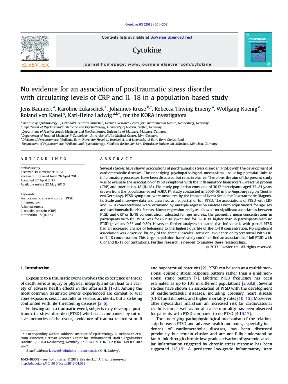 No evidence for an association of posttraumatic stress disorder with circulating levels of CRP and IL-18 in a population-based study