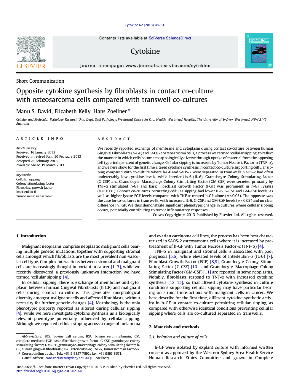 Opposite cytokine synthesis by fibroblasts in contact co-culture with osteosarcoma cells compared with transwell co-cultures