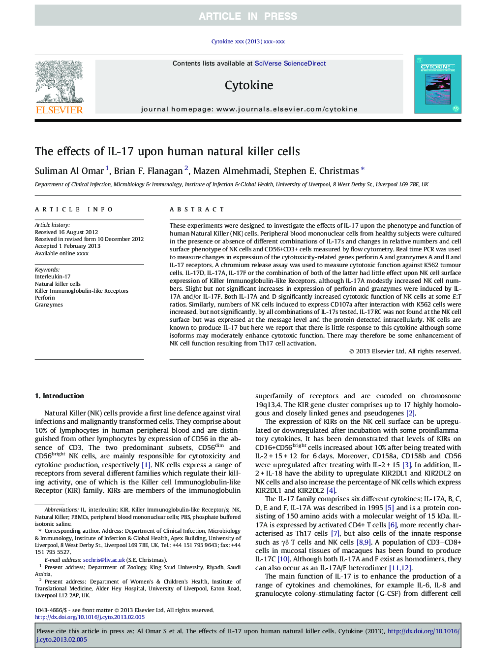 The effects of IL-17 upon human natural killer cells