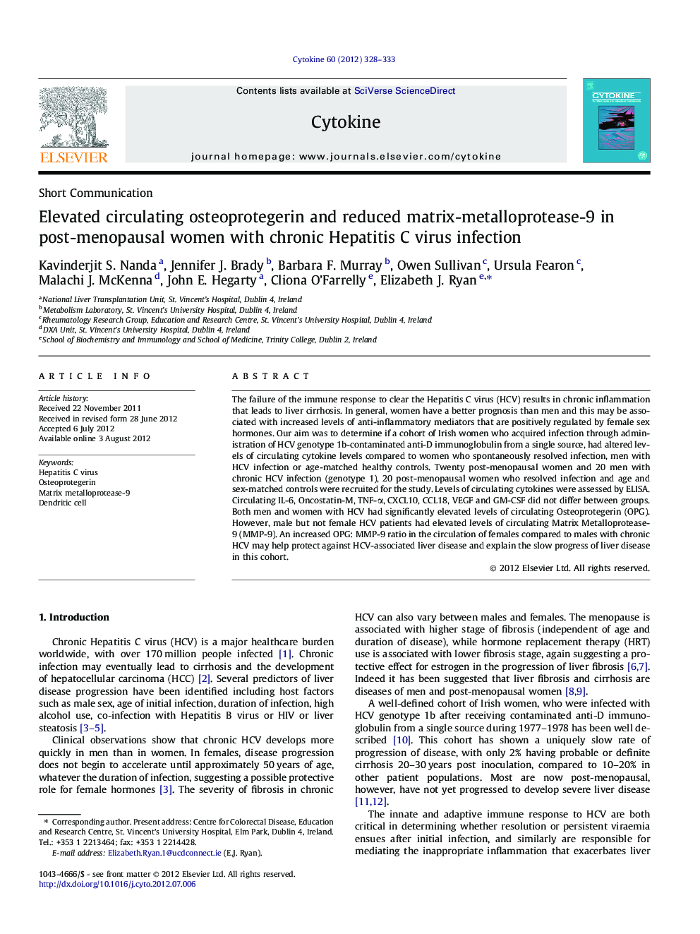 Elevated circulating osteoprotegerin and reduced matrix-metalloprotease-9 in post-menopausal women with chronic Hepatitis C virus infection