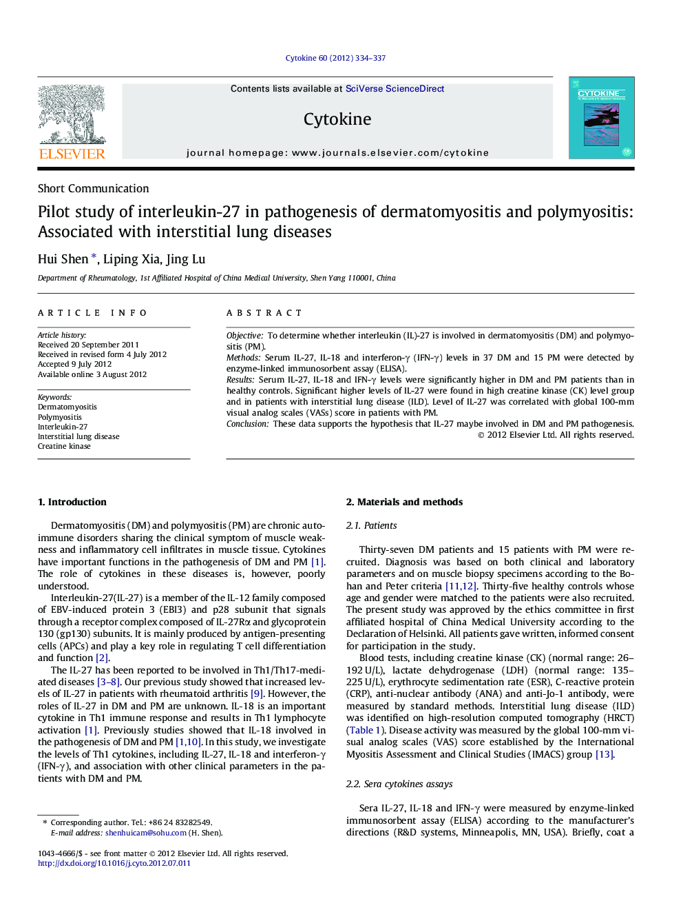 Pilot study of interleukin-27 in pathogenesis of dermatomyositis and polymyositis: Associated with interstitial lung diseases