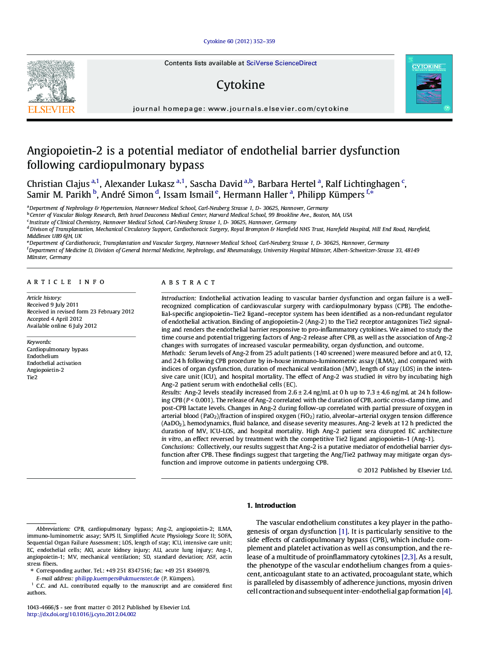 Angiopoietin-2 is a potential mediator of endothelial barrier dysfunction following cardiopulmonary bypass