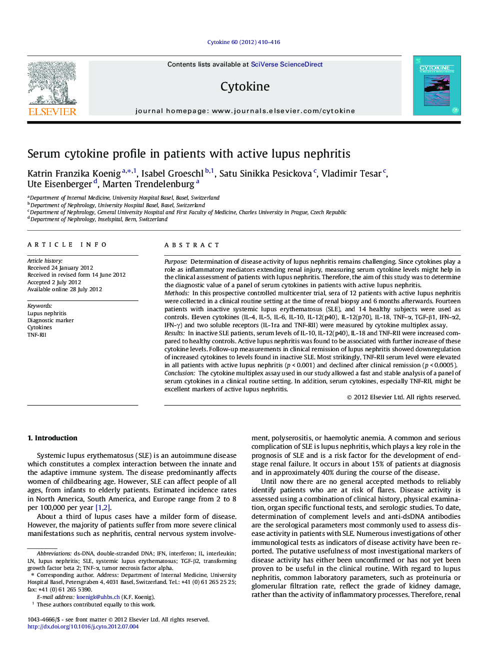 Serum cytokine profile in patients with active lupus nephritis