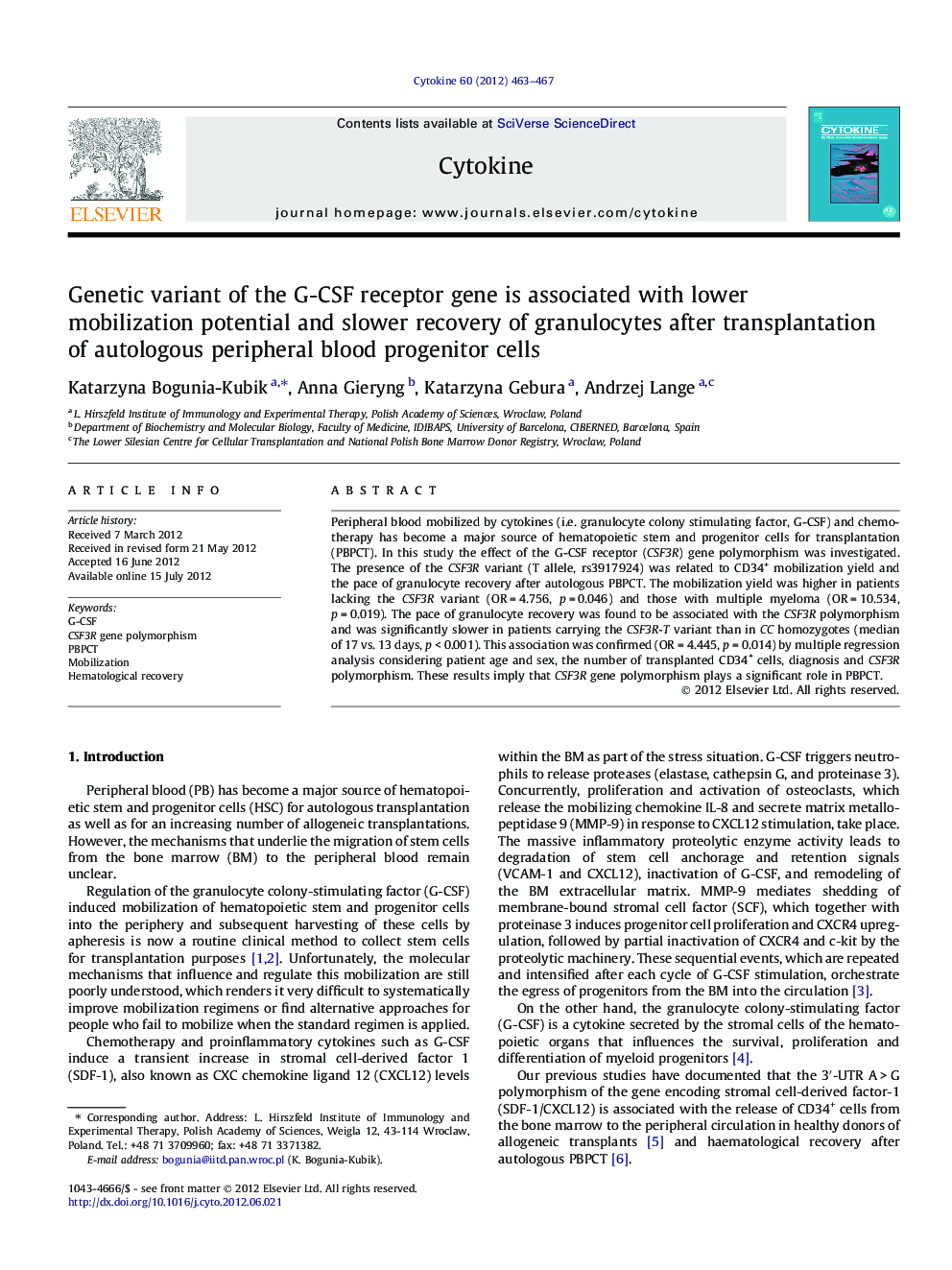 Genetic variant of the G-CSF receptor gene is associated with lower mobilization potential and slower recovery of granulocytes after transplantation of autologous peripheral blood progenitor cells