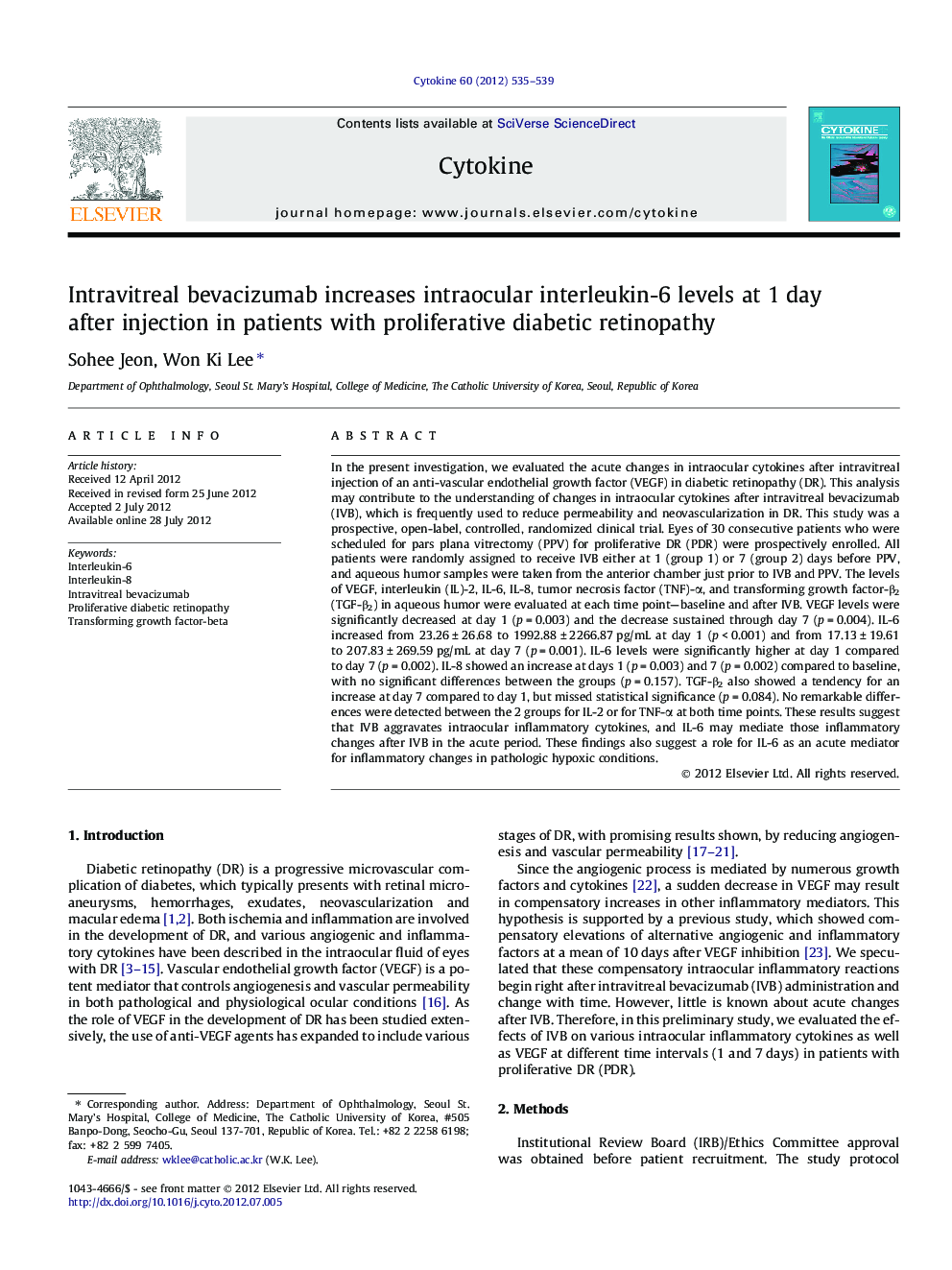 Intravitreal bevacizumab increases intraocular interleukin-6 levels at 1Â day after injection in patients with proliferative diabetic retinopathy