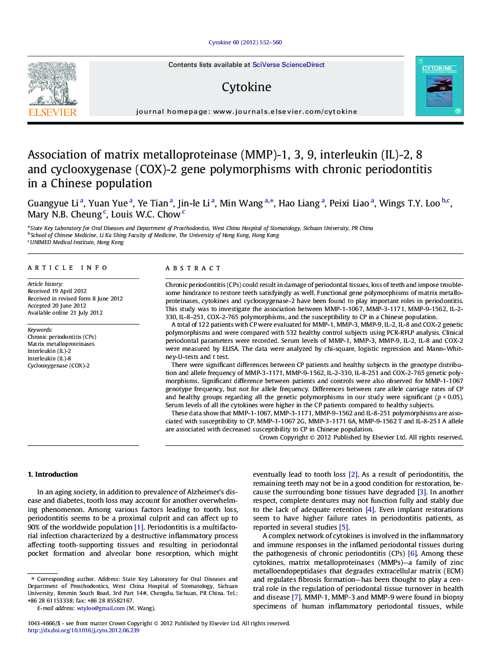 Association of matrix metalloproteinase (MMP)-1, 3, 9, interleukin (IL)-2, 8 and cyclooxygenase (COX)-2 gene polymorphisms with chronic periodontitis in a Chinese population