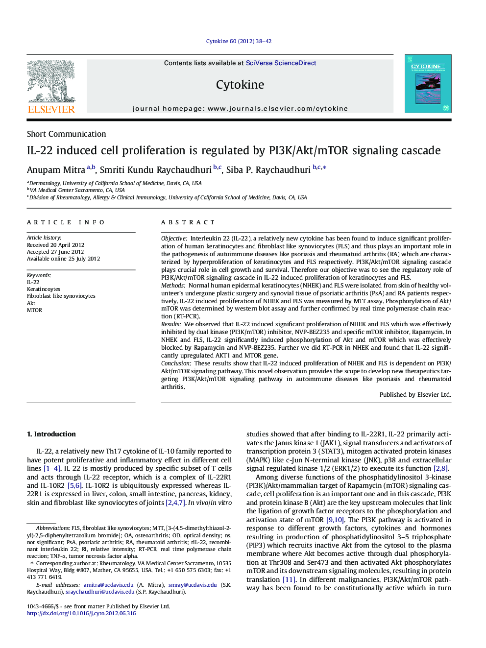 Short CommunicationIL-22 induced cell proliferation is regulated by PI3K/Akt/mTOR signaling cascade