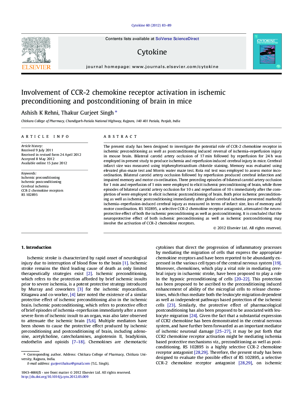 Involvement of CCR-2 chemokine receptor activation in ischemic preconditioning and postconditioning of brain in mice