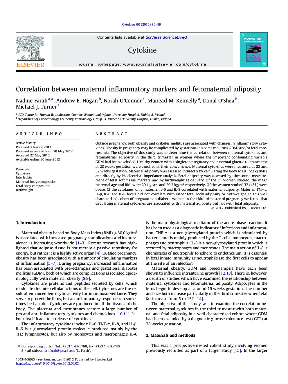 Correlation between maternal inflammatory markers and fetomaternal adiposity