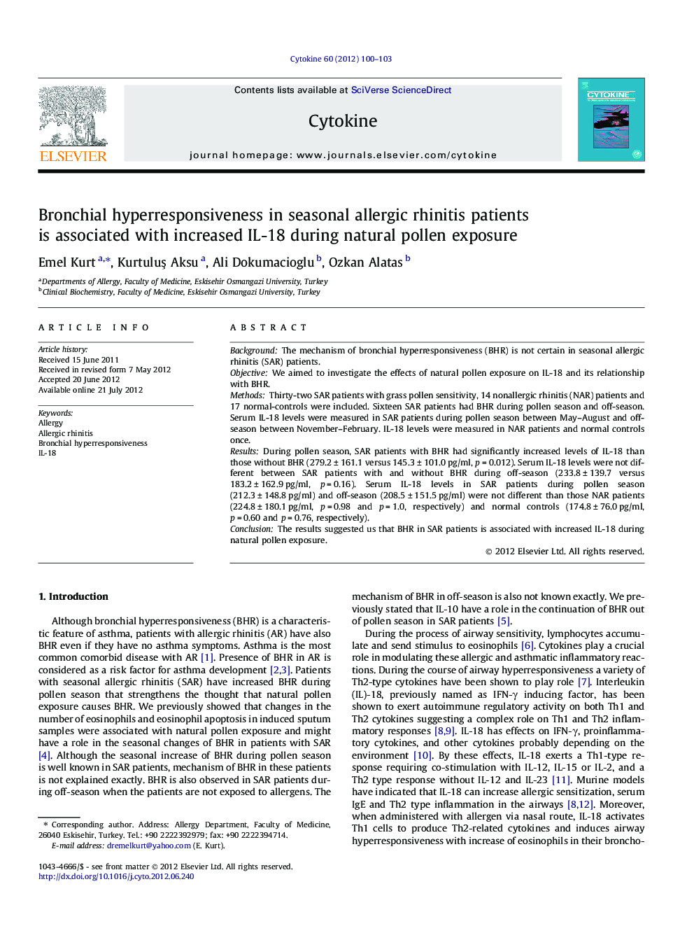 Bronchial hyperresponsiveness in seasonal allergic rhinitis patients is associated with increased IL-18 during natural pollen exposure