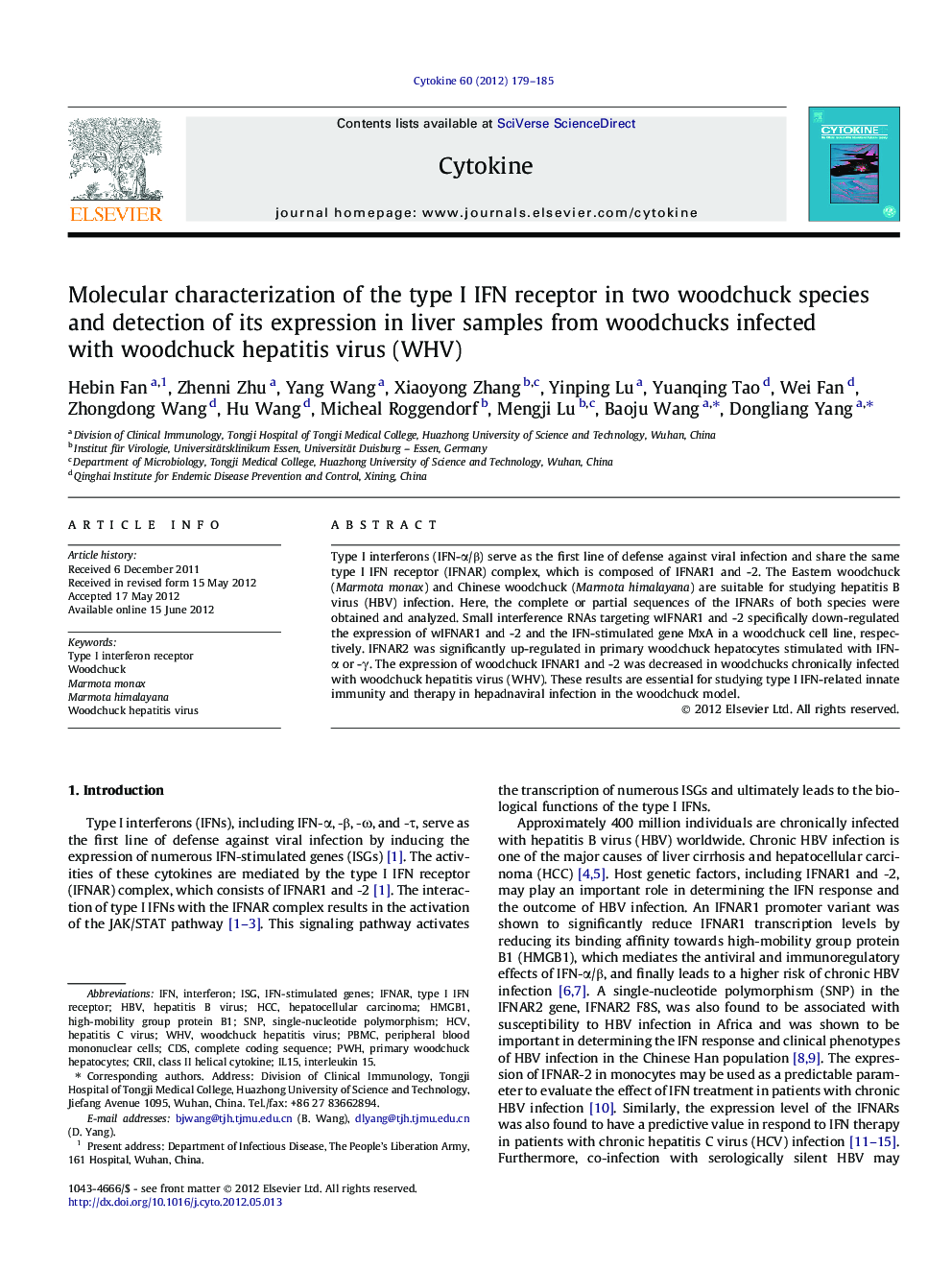 Molecular characterization of the type I IFN receptor in two woodchuck species and detection of its expression in liver samples from woodchucks infected with woodchuck hepatitis virus (WHV)