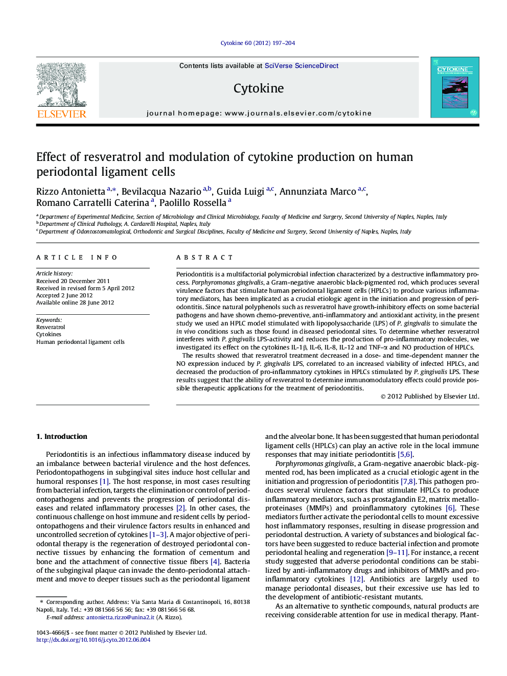 Effect of resveratrol and modulation of cytokine production on human periodontal ligament cells