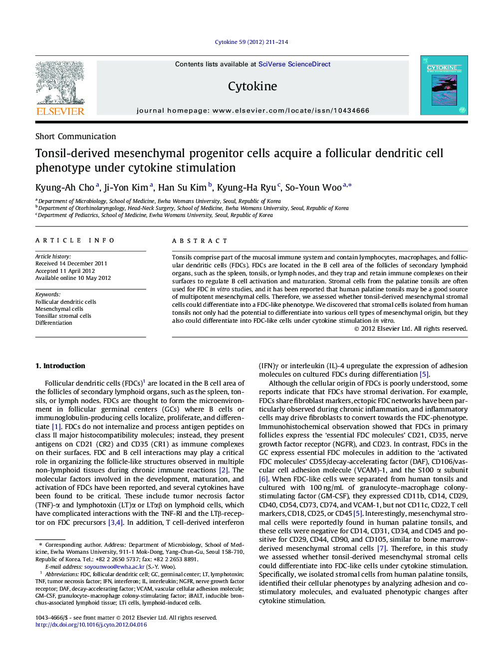 Tonsil-derived mesenchymal progenitor cells acquire a follicular dendritic cell phenotype under cytokine stimulation