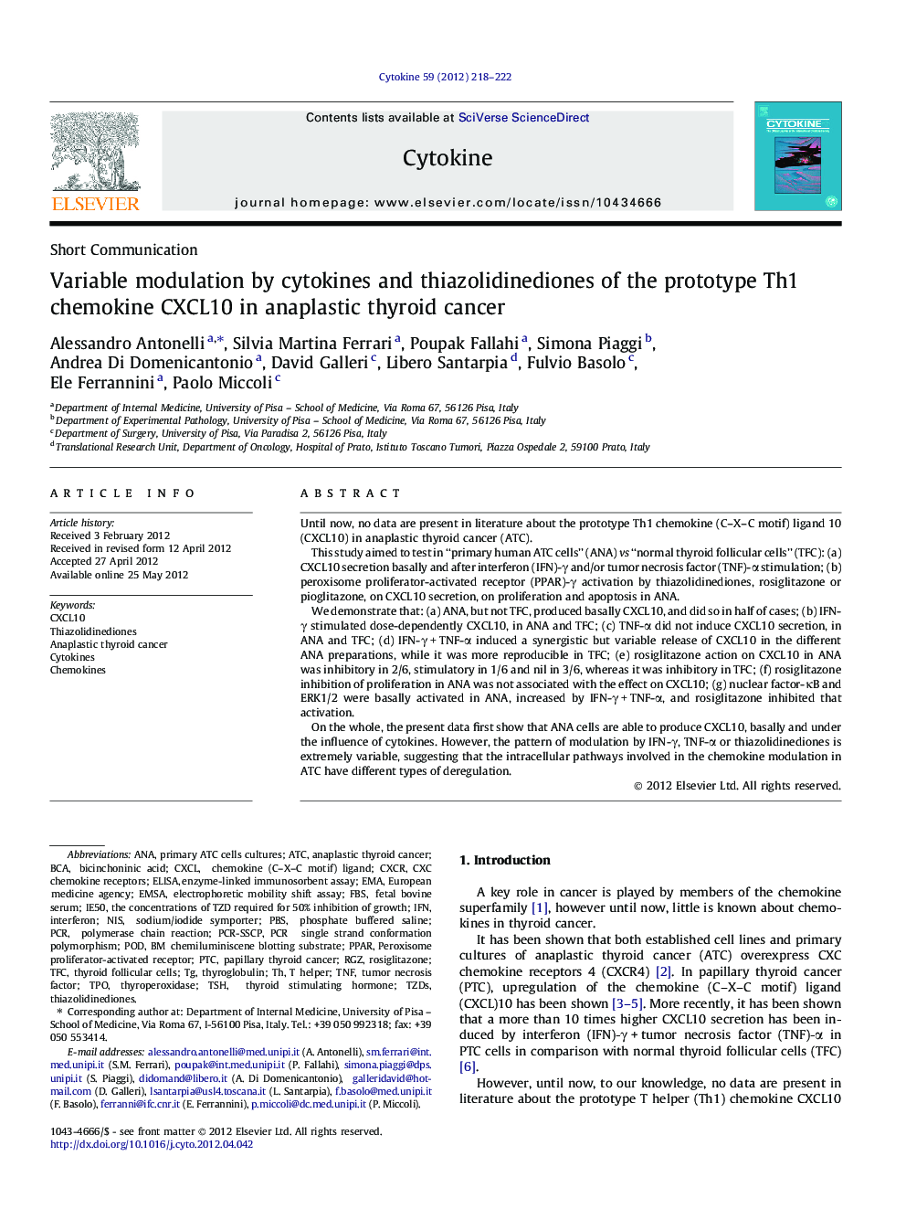 Variable modulation by cytokines and thiazolidinediones of the prototype Th1 chemokine CXCL10 in anaplastic thyroid cancer