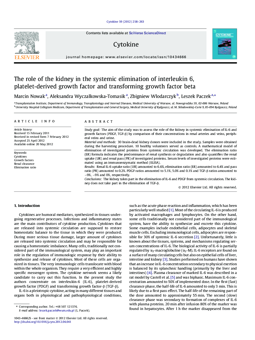 The role of the kidney in the systemic elimination of interleukin 6, platelet-derived growth factor and transforming growth factor beta