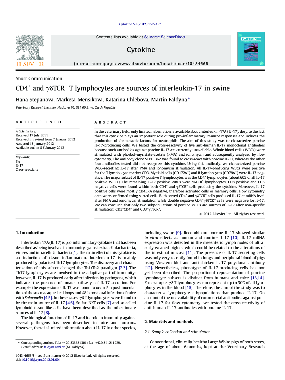 CD4+ and Î³Î´TCR+ T lymphocytes are sources of interleukin-17 in swine