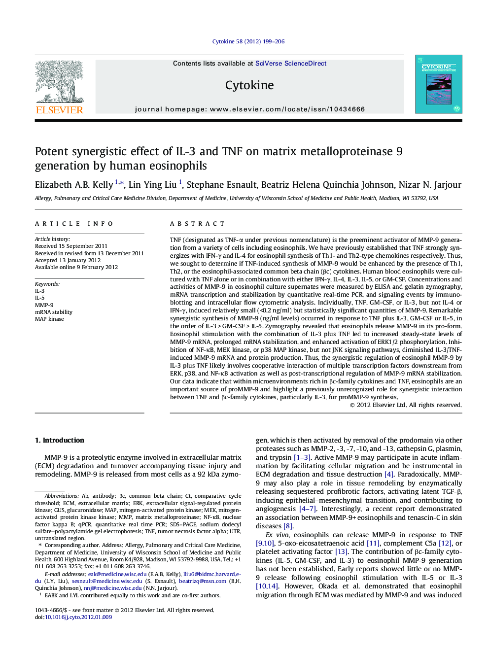 Potent synergistic effect of IL-3 and TNF on matrix metalloproteinase 9 generation by human eosinophils