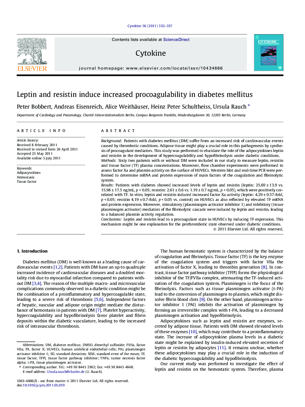 Leptin and resistin induce increased procoagulability in diabetes mellitus