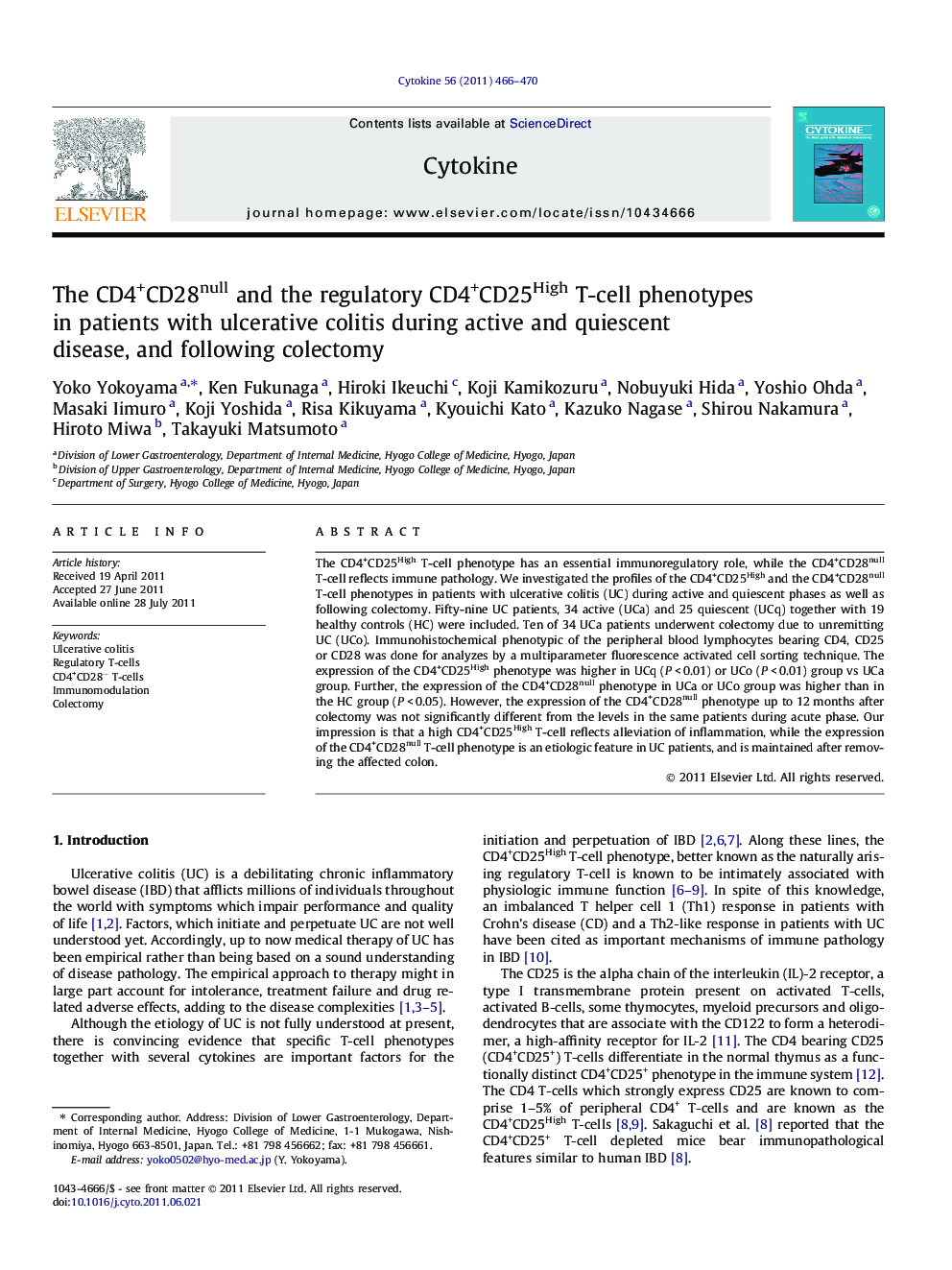 The CD4+CD28null and the regulatory CD4+CD25High T-cell phenotypes in patients with ulcerative colitis during active and quiescent disease, and following colectomy