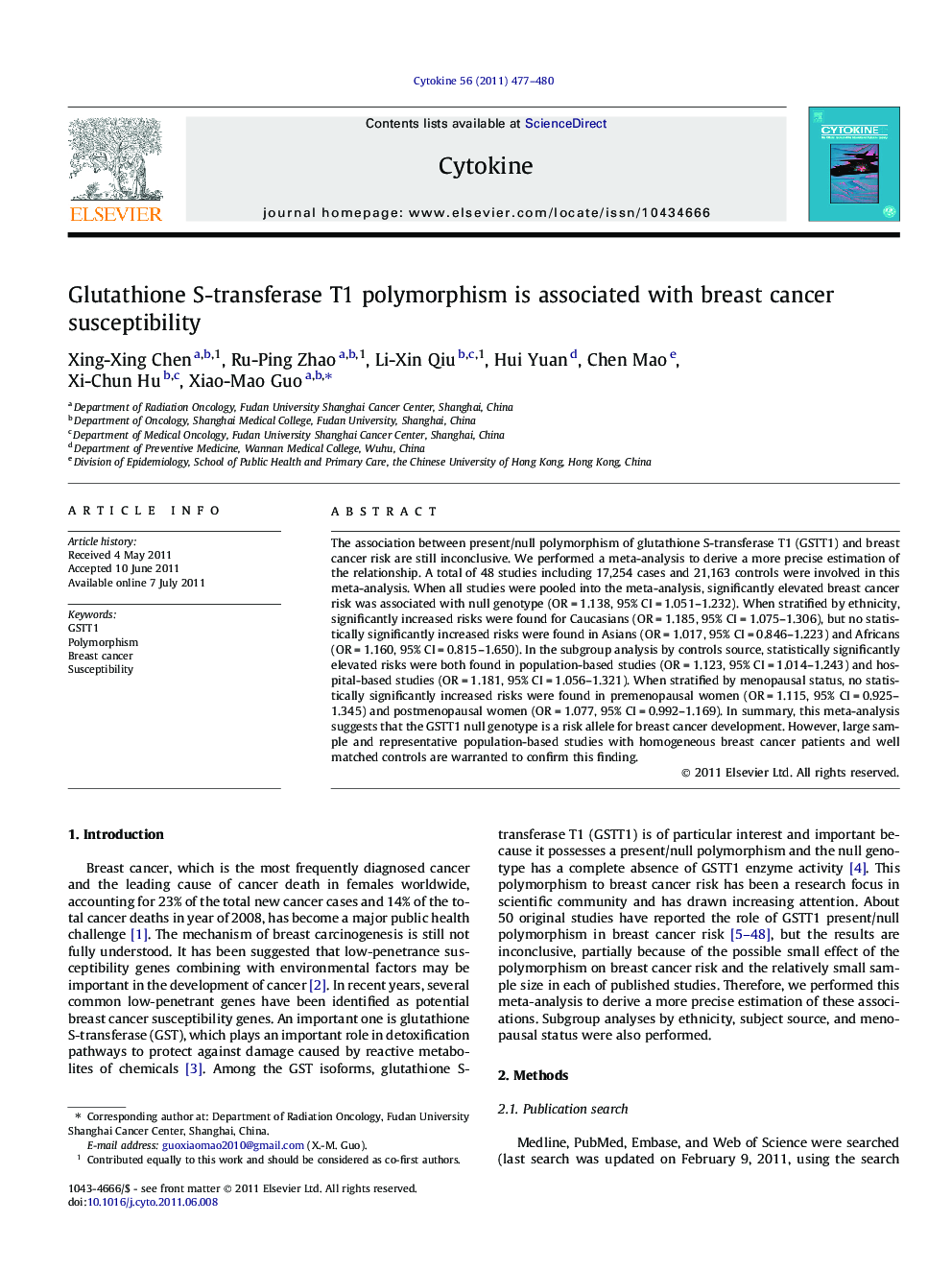 Glutathione S-transferase T1 polymorphism is associated with breast cancer susceptibility