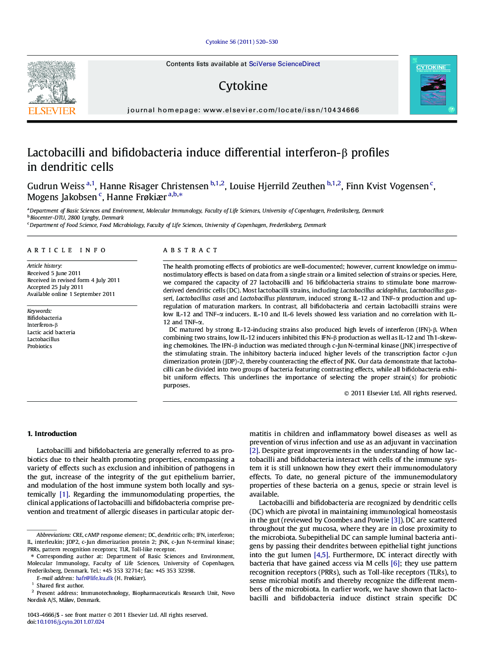 Lactobacilli and bifidobacteria induce differential interferon-Î² profiles in dendritic cells