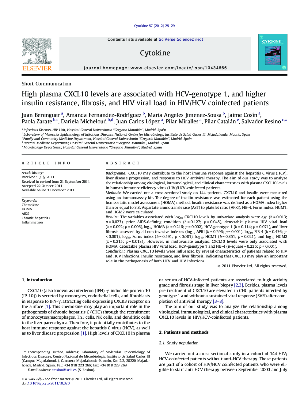 High plasma CXCL10 levels are associated with HCV-genotype 1, and higher insulin resistance, fibrosis, and HIV viral load in HIV/HCV coinfected patients