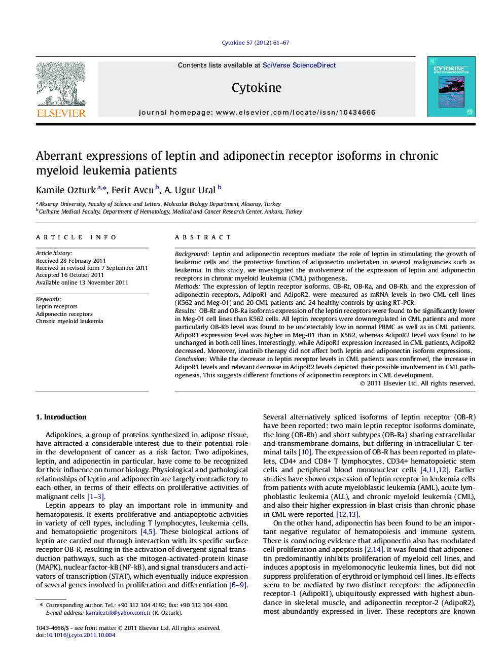 Aberrant expressions of leptin and adiponectin receptor isoforms in chronic myeloid leukemia patients