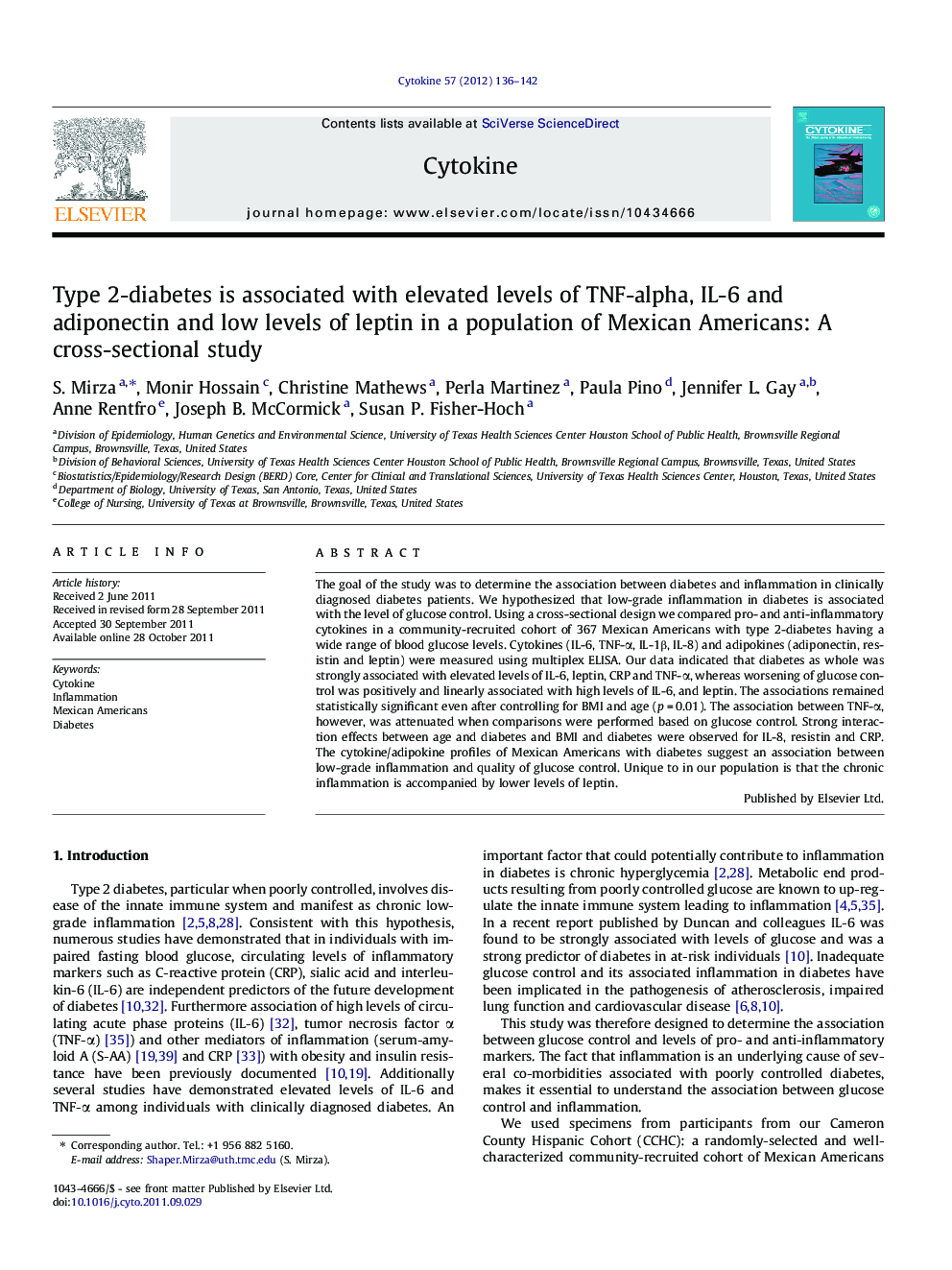 Type 2-diabetes is associated with elevated levels of TNF-alpha, IL-6 and adiponectin and low levels of leptin in a population of Mexican Americans: A cross-sectional study