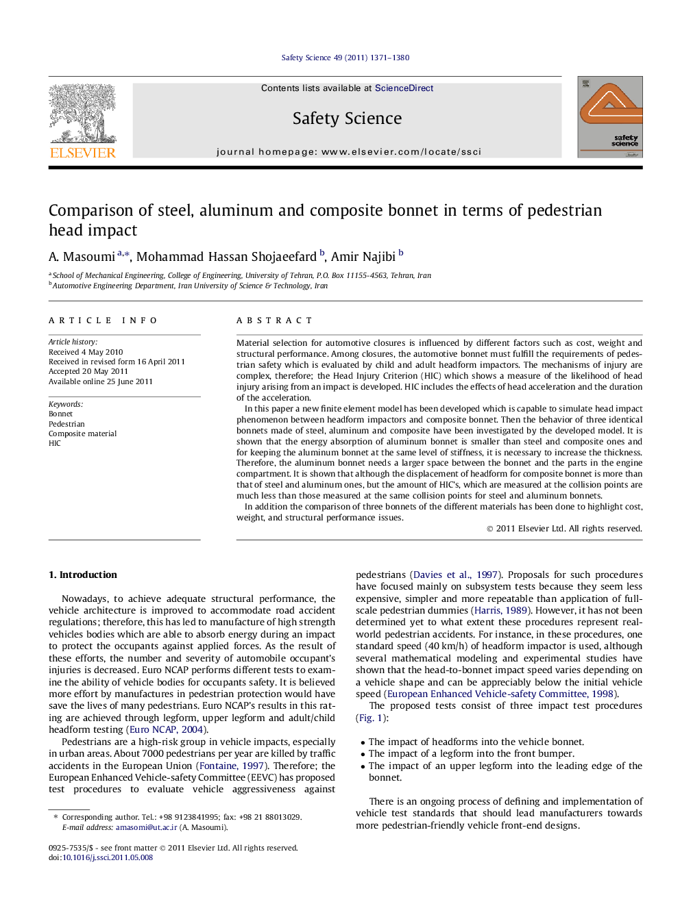 Comparison of steel, aluminum and composite bonnet in terms of pedestrian head impact