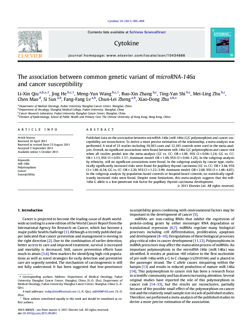 The association between common genetic variant of microRNA-146a and cancer susceptibility