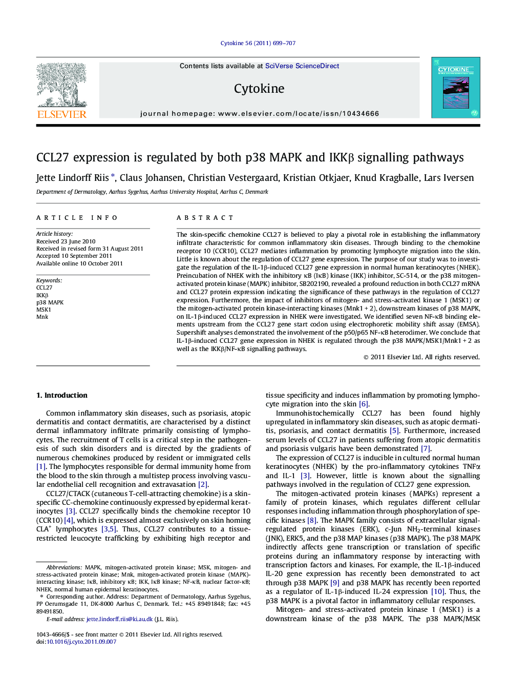 CCL27 expression is regulated by both p38 MAPK and IKKÎ² signalling pathways