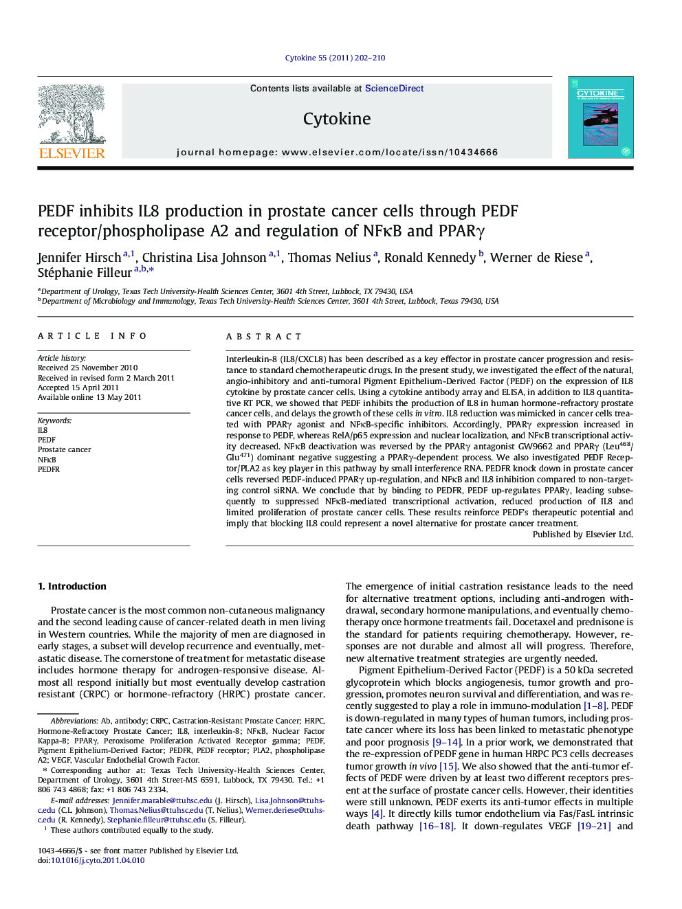 PEDF inhibits IL8 production in prostate cancer cells through PEDF receptor/phospholipase A2 and regulation of NFÎºB and PPARÎ³