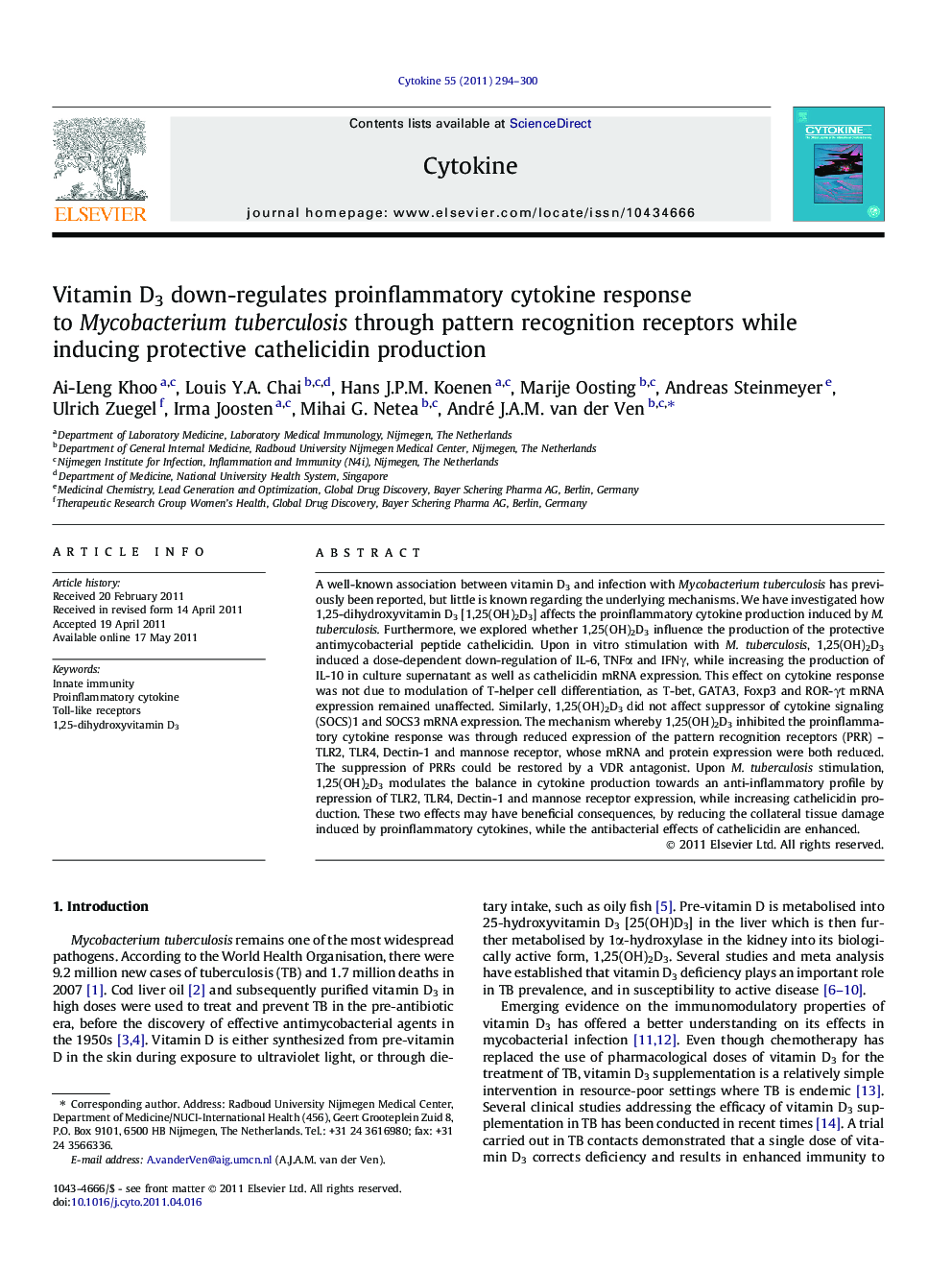 Vitamin D3 down-regulates proinflammatory cytokine response to Mycobacterium tuberculosis through pattern recognition receptors while inducing protective cathelicidin production