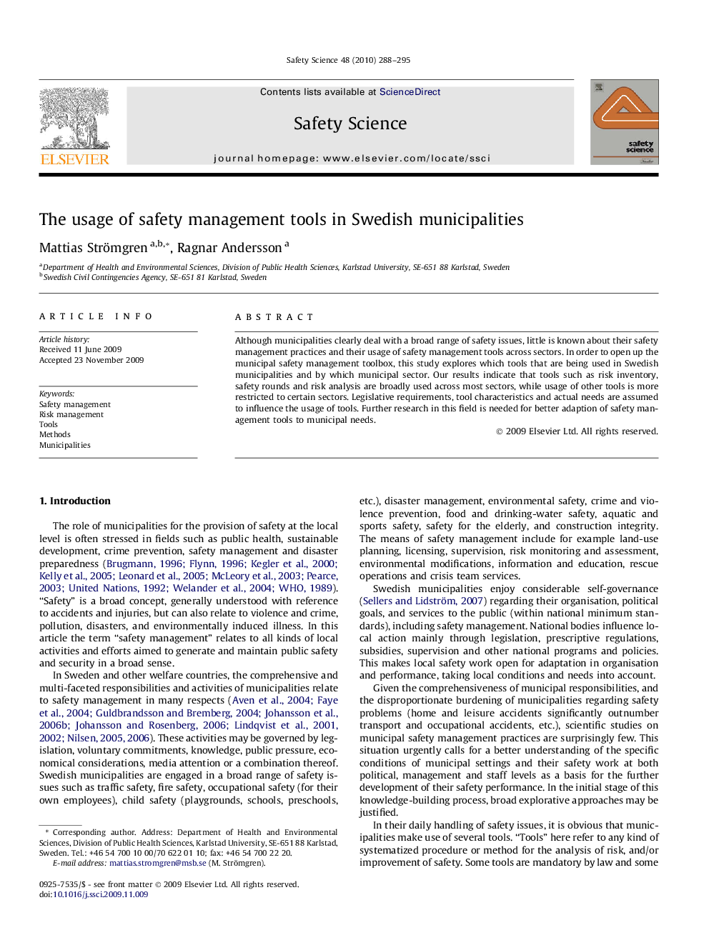 The usage of safety management tools in Swedish municipalities