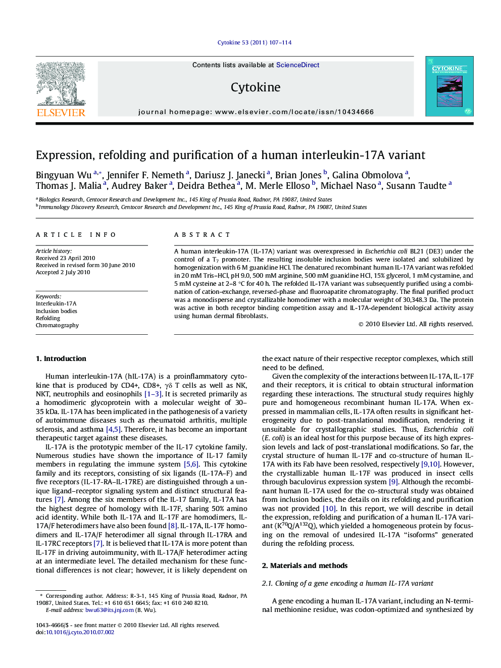 Expression, refolding and purification of a human interleukin-17A variant