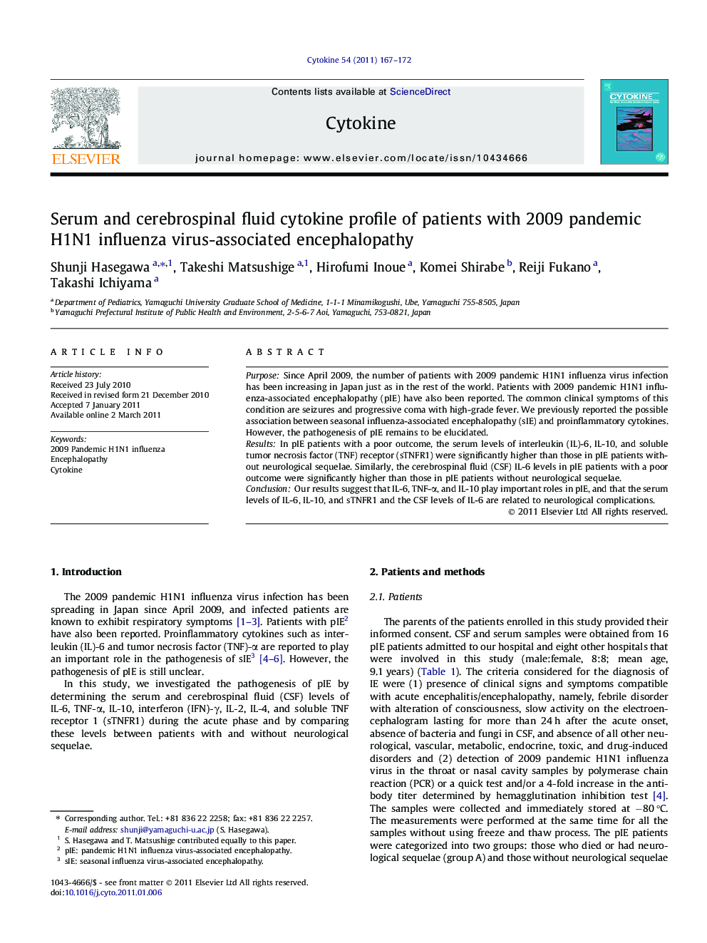 Serum and cerebrospinal fluid cytokine profile of patients with 2009 pandemic H1N1 influenza virus-associated encephalopathy