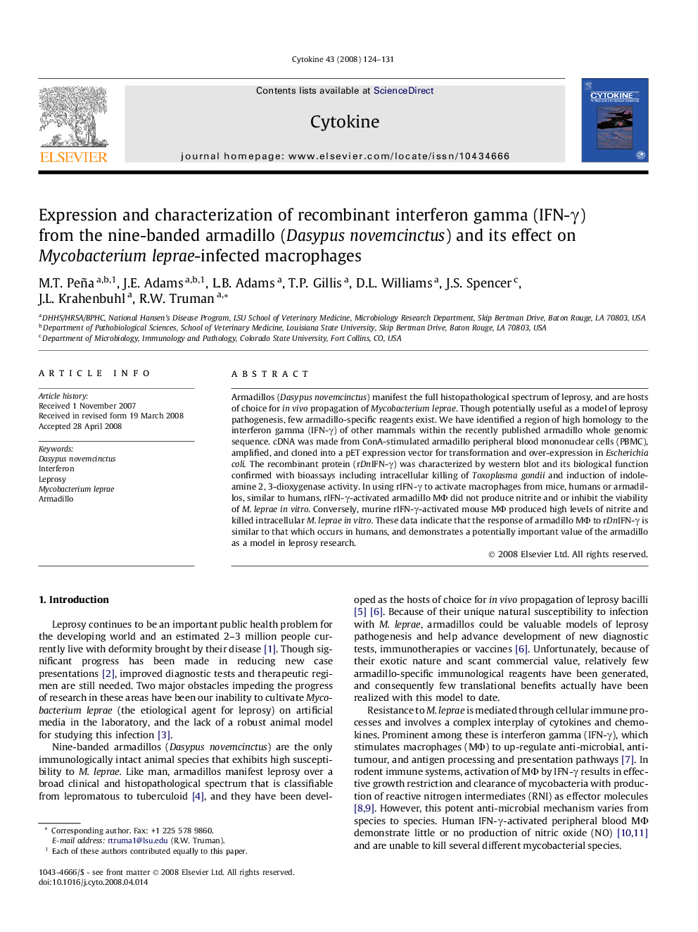 Expression and characterization of recombinant interferon gamma (IFN-Î³) from the nine-banded armadillo (Dasypus novemcinctus) and its effect on Mycobacterium leprae-infected macrophages