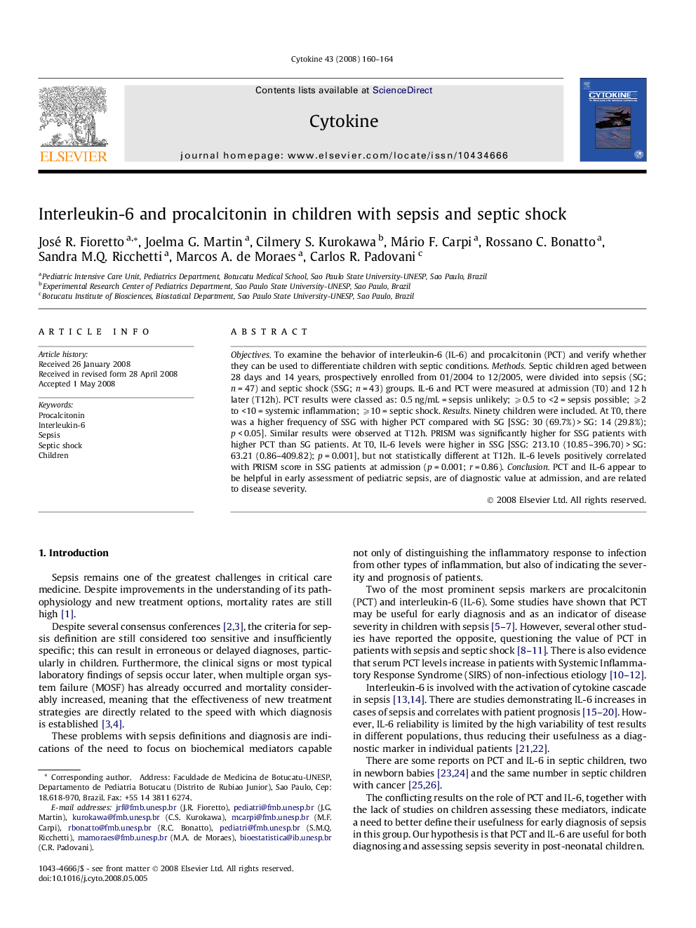 Interleukin-6 and procalcitonin in children with sepsis and septic shock