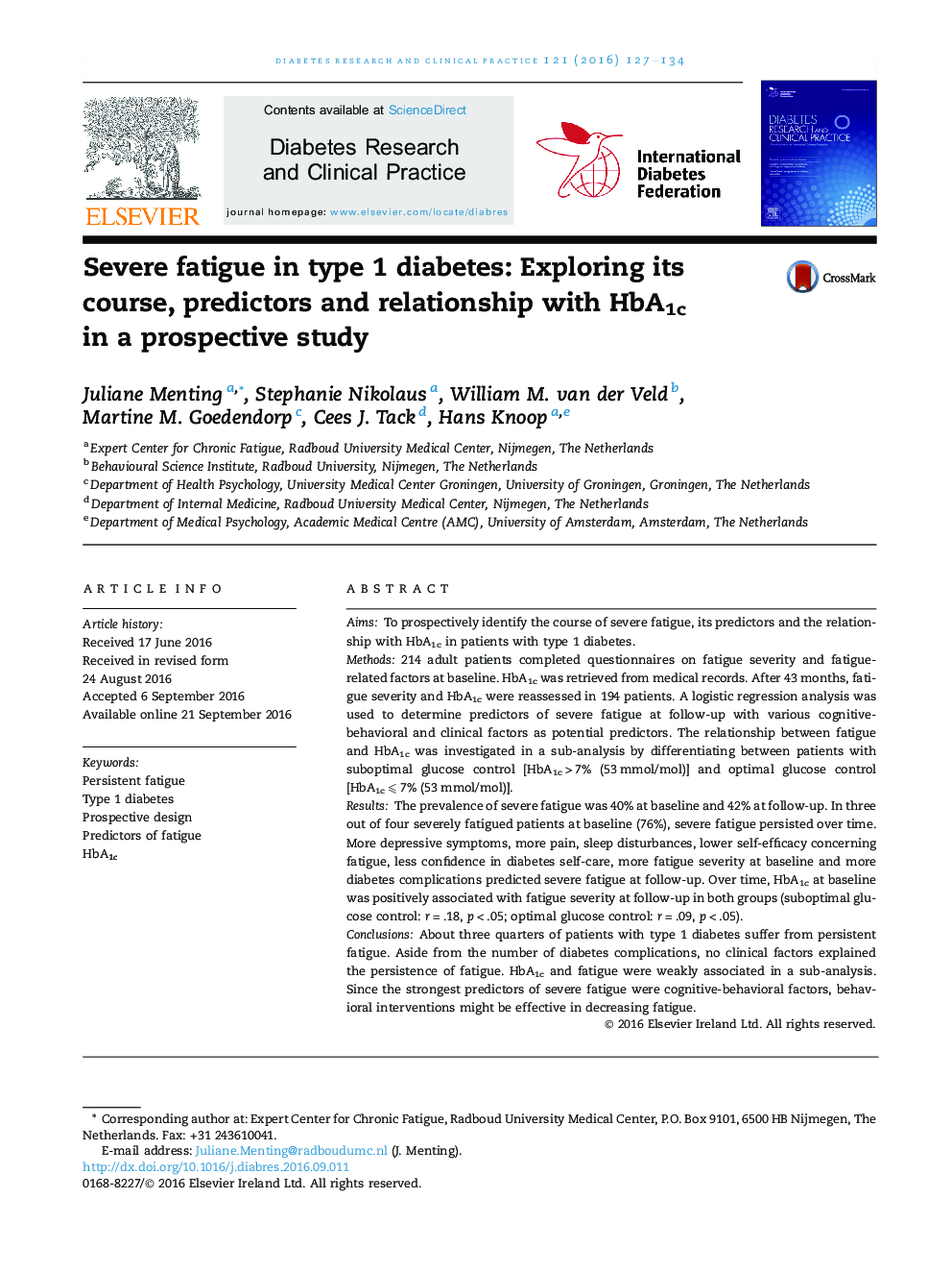 Severe fatigue in type 1 diabetes: Exploring its course, predictors and relationship with HbA1c in a prospective study