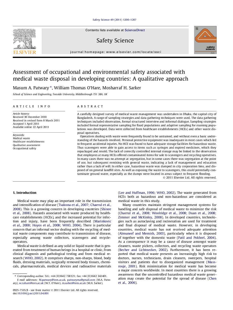 Assessment of occupational and environmental safety associated with medical waste disposal in developing countries: A qualitative approach