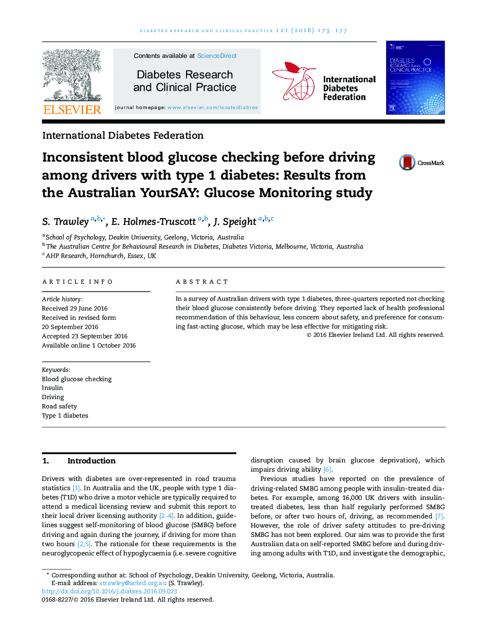 Inconsistent blood glucose checking before driving among drivers with type 1 diabetes: Results from the Australian YourSAY: Glucose Monitoring study