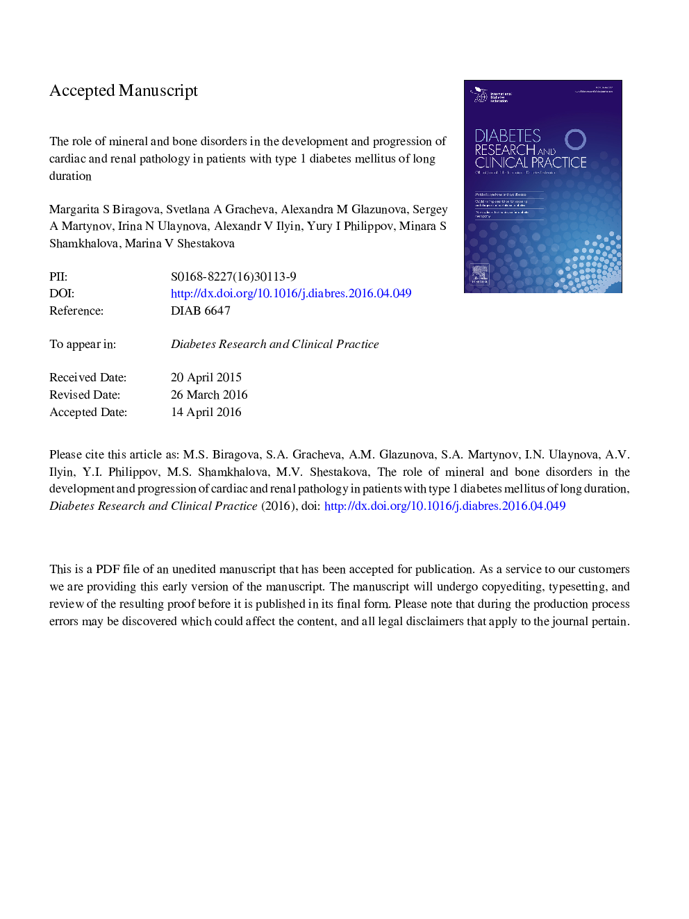 The role of mineral and bone disorders in the development and progression of cardiac and renal pathology in patients with type 1 diabetes mellitus of long duration