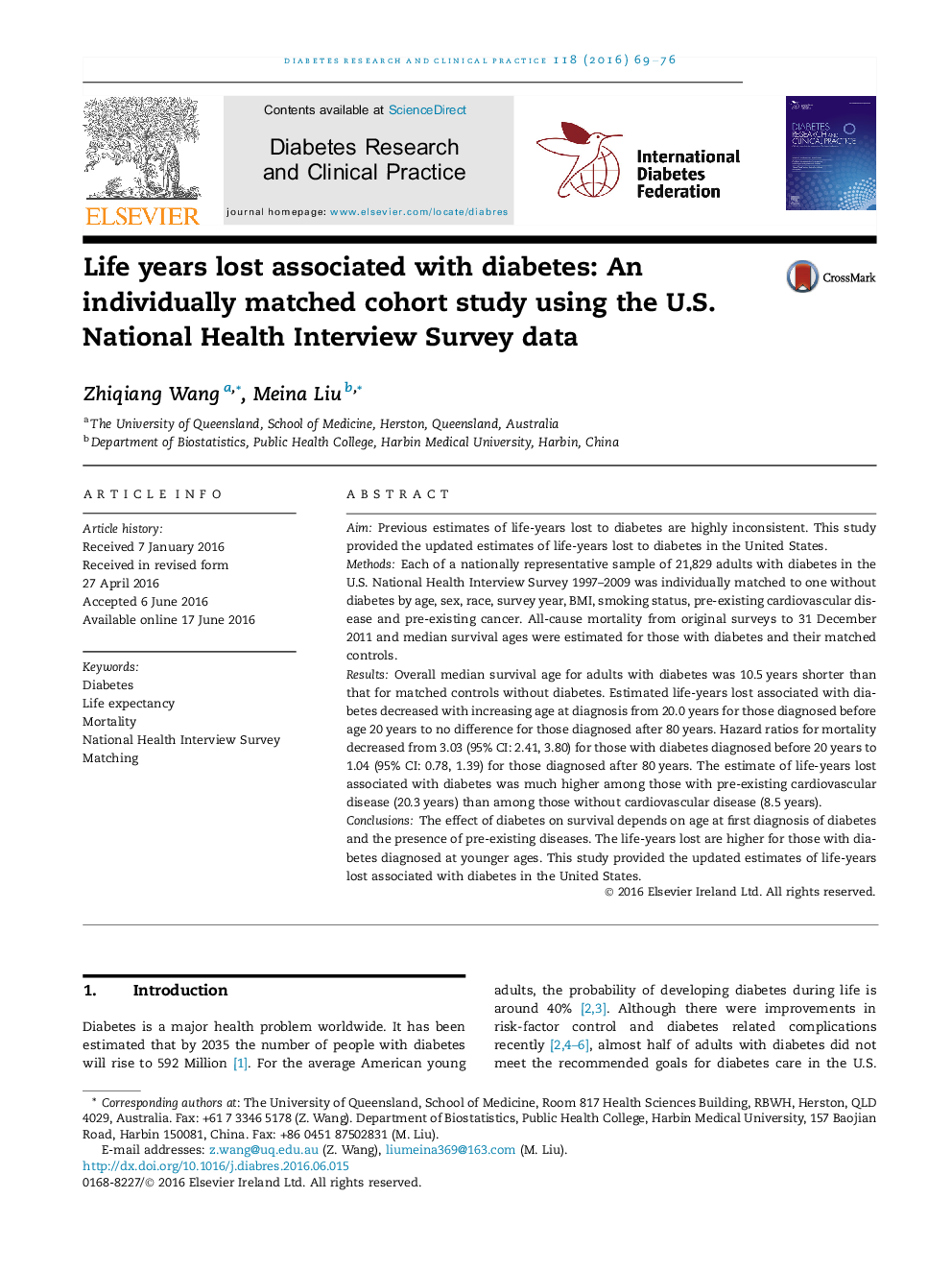 Life years lost associated with diabetes: An individually matched cohort study using the U.S. National Health Interview Survey data